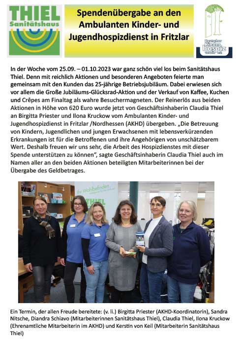 Spendenübergabe an den Ambulanten Kinder- und Jugendhospizdienst in Fritzlar